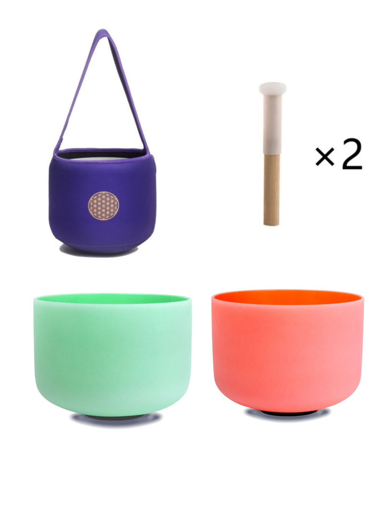 10inch Perfect Pitch Crystal Singing Bowls set Orange(Sacral) + Green (Heart) with Soft Carrying Bag - FMTY