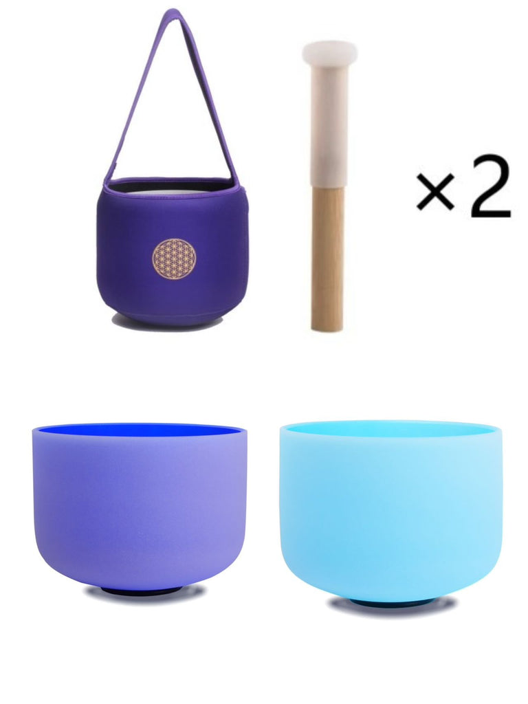 10inch Perfect Pitch Crystal Singing Bowls set prefect pitch(±10HZ) Blue(Throat)+ Indigo(third Eye) with Carrying Bag - FMTY