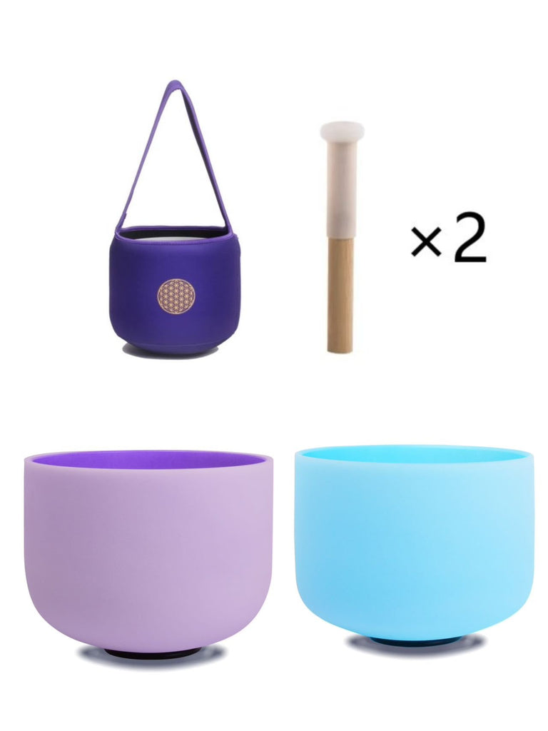 10inch Perfect Pitch Crystal Singing Bowls set prefect pitch(±10HZ) Blue(Throat)+ Purple(Crown) with Soft Carrying Bag - FMTY