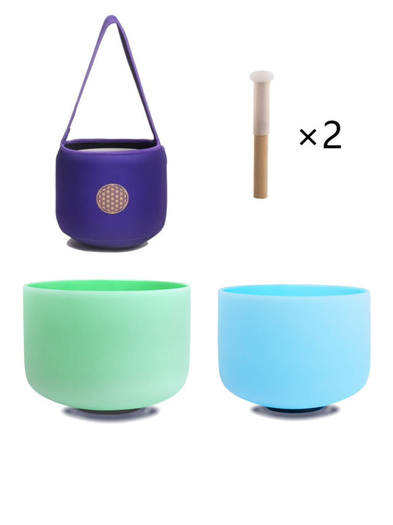 10inch Perfect Pitch Crystal Singing Bowls set prefect pitch(±10HZ) Green(Heart)+ Blue(Throat) with Carrying Bag - FMTY