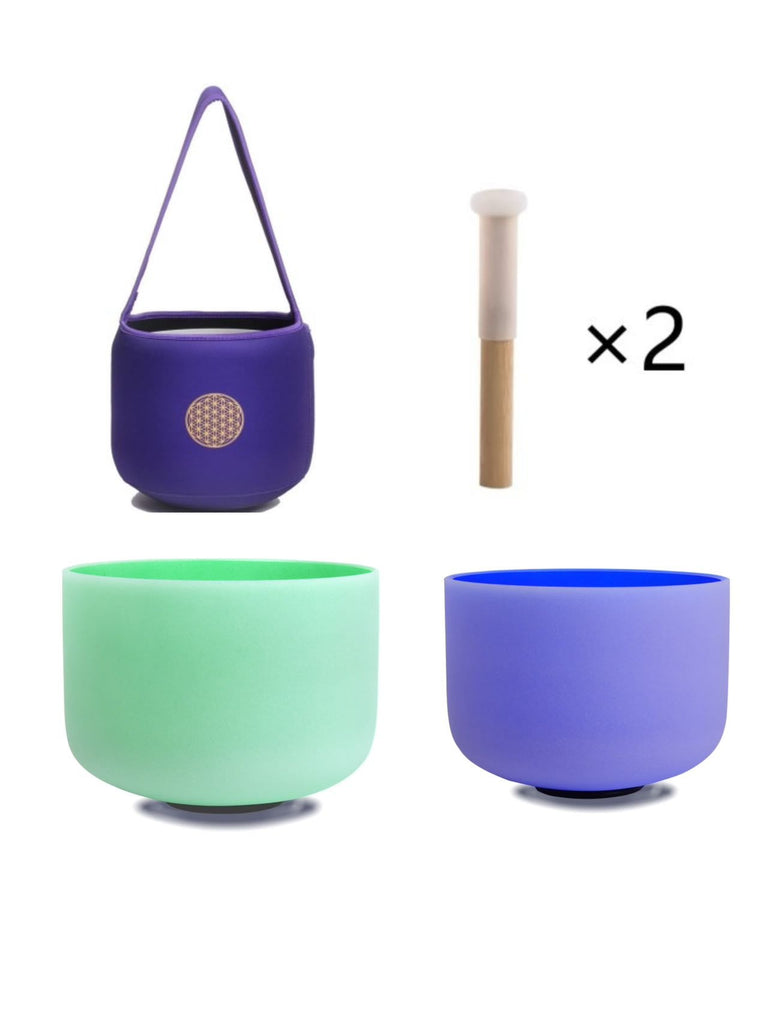 10inch Perfect Pitch Crystal Singing Bowls set prefect pitch(±10HZ) Green(Heart)+ Indigo(3rd Eye) with Soft Carrying Bag - FMTY