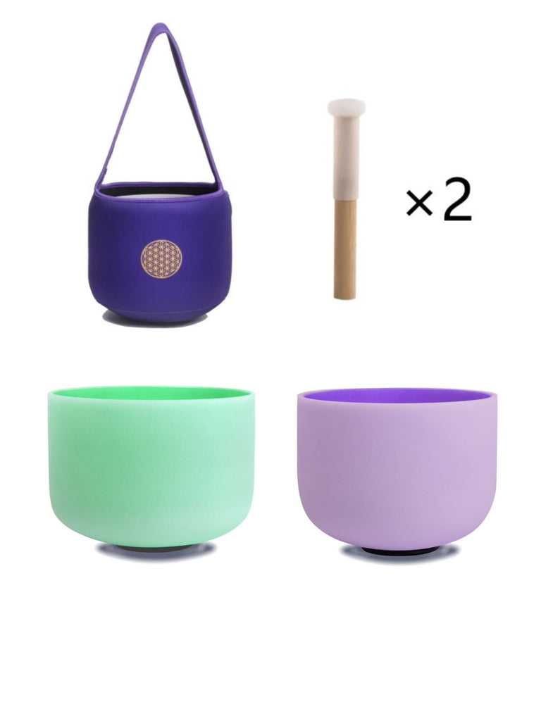 10inch Perfect Pitch Crystal Singing Bowls set prefect pitch(±10HZ) Green(Heart)+ Purple(Crown) with Soft Carrying Bag - FMTY