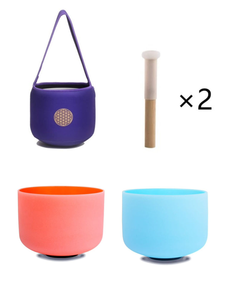 10inch Perfect Pitch Crystal Singing Bowls set prefect pitch(±10HZ) Orange(Sacral)+ Blue(Throat) with Soft Carrying Bag - FMTY