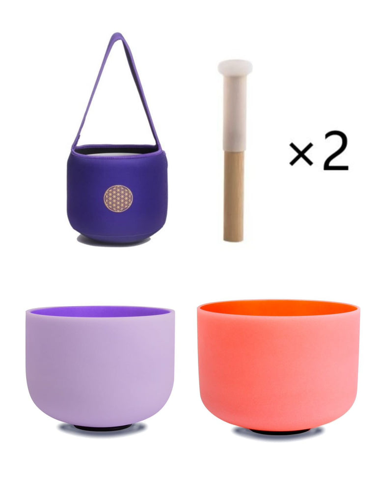 10inch Perfect Pitch Crystal Singing Bowls set prefect pitch(±10HZ) Orange(Sacral)+ Purple(Crown) with Soft Carrying Bag - FMTY