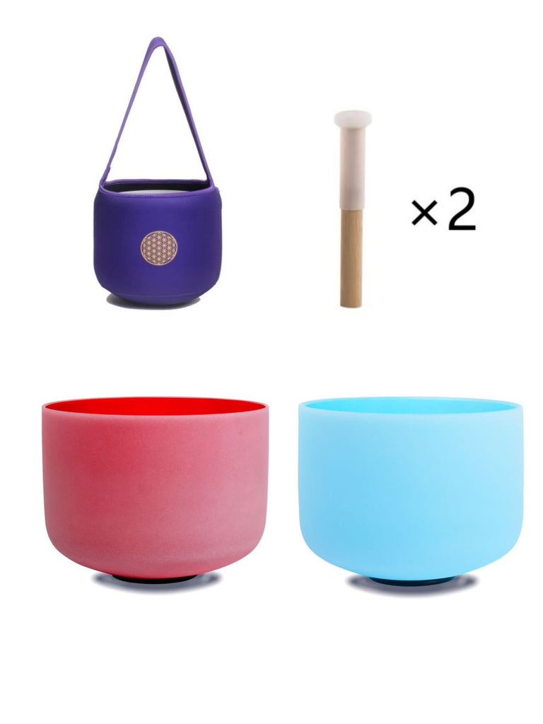 10inch Perfect Pitch Crystal Singing Bowls set prefect pitch(±10HZ) Red(Root)+ Blue(Throat) with Carrying Bag - FMTY