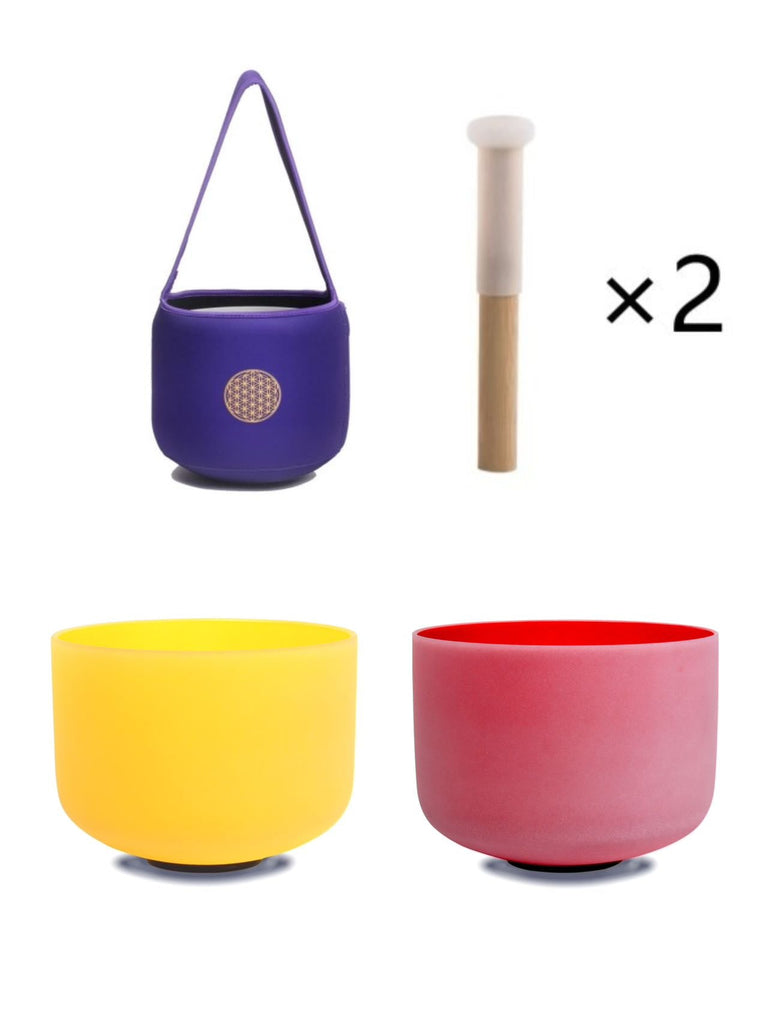 10inch Perfect Pitch Crystal Singing Bowls set prefect pitch(±10HZ) Red(Root)+ Yellow(Solar Plexus) with Soft Carrying Bag - FMTY