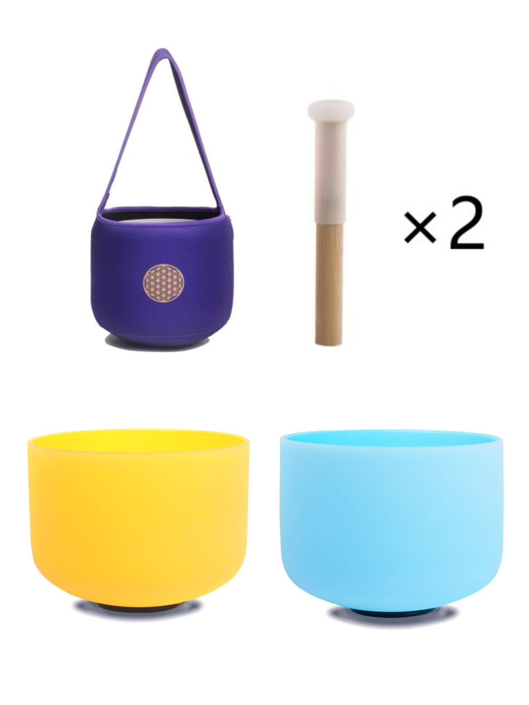 10inch Perfect Pitch Crystal Singing Bowls set prefect pitch(±10HZ) Yellow(Solar Plexus)+ Blue(Throat) with Soft Carrying Bag - FMTY
