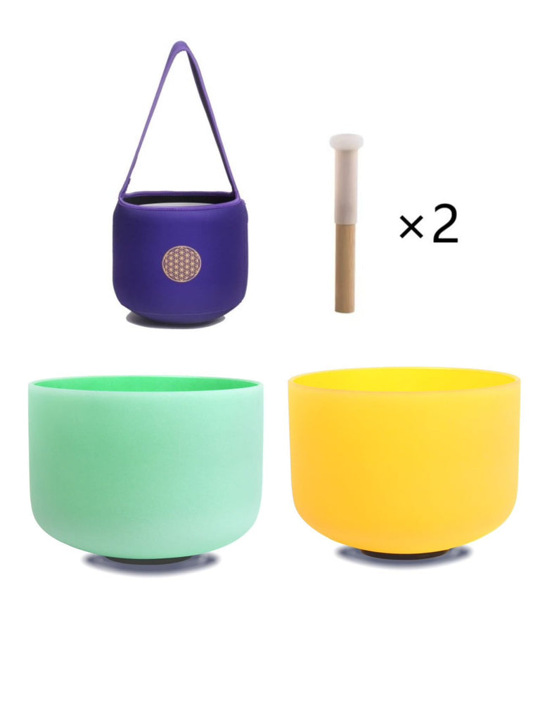 10inch Perfect Pitch Crystal Singing Bowls set prefect pitch(±10HZ) Yellow(Solar plexus)+ Green(Heart) with Soft Carrying Bag - FMTY