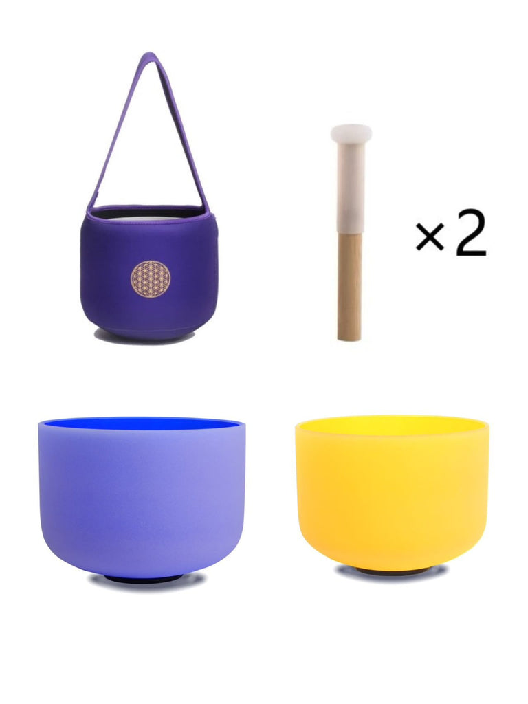 10inch Perfect Pitch Crystal Singing Bowls set prefect pitch(±10HZ) Yellow(Solar Plexus)+ Indigo(3Rd Eye) with Carrying Bag - FMTY