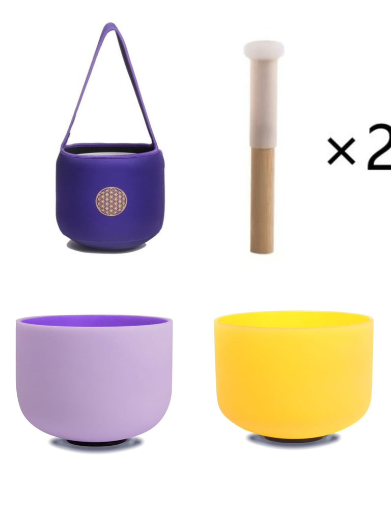 10inch Perfect Pitch Crystal Singing Bowls set prefect pitch(±10HZ) Yellow(Solar Plexus)+ Purple(Crown) with Soft Carrying Bag - FMTY