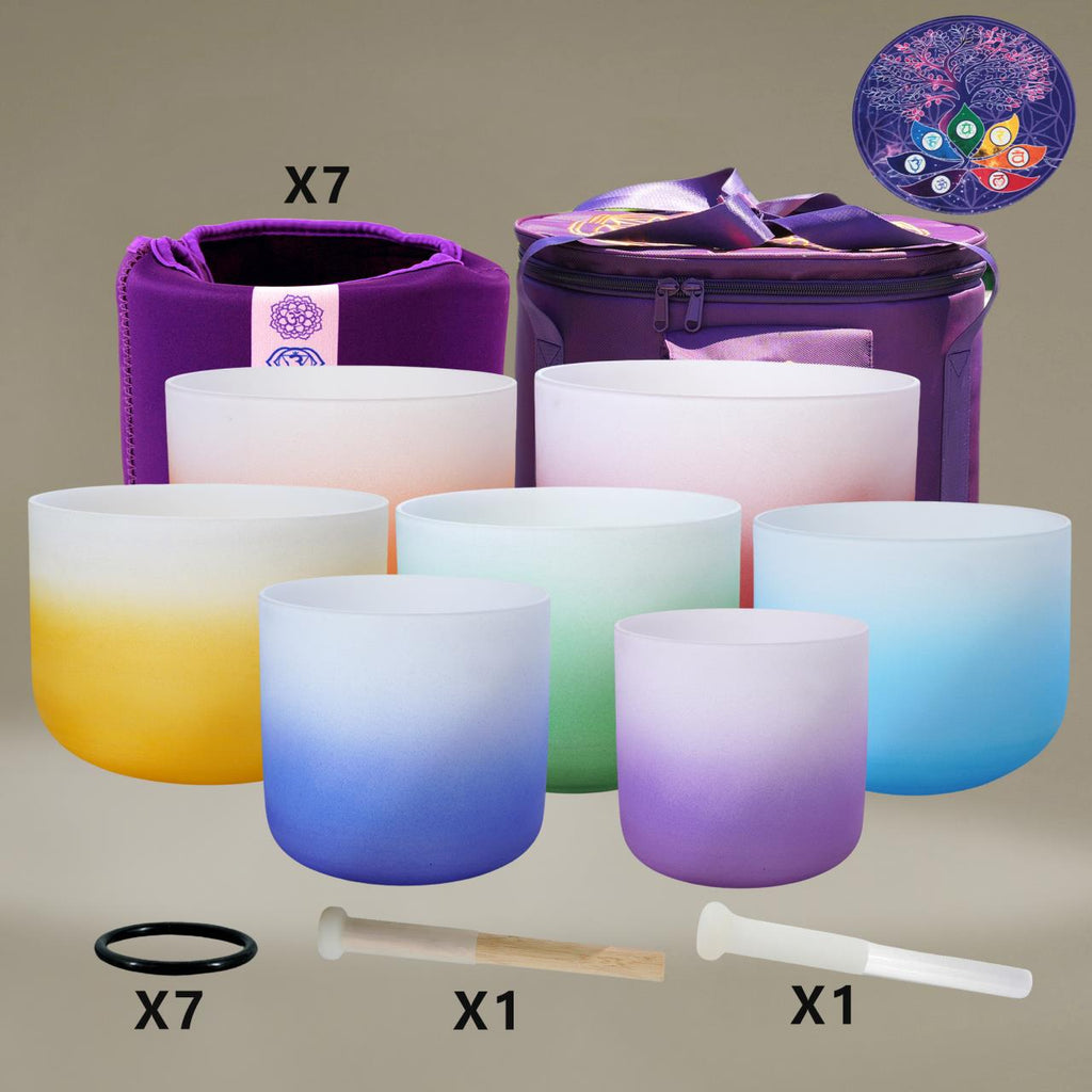 7 PCS Perfect Pitch Gradient Color Quartz Crystal Singing Bowls Set - FMTY