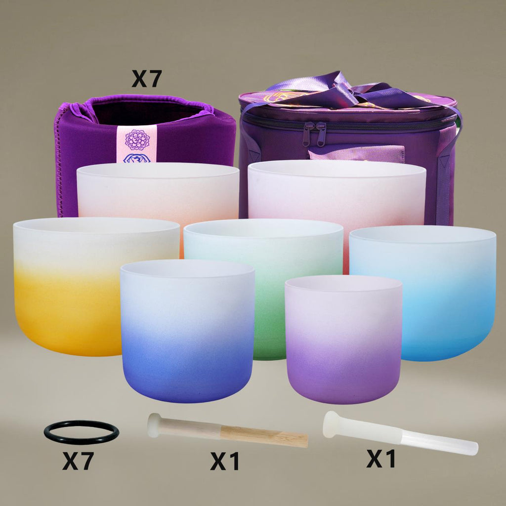 7 PCS Perfect Pitch Gradient Color Quartz Crystal Singing Bowls Set - FMTY