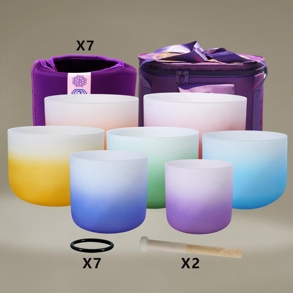 7 PCS Perfect Pitch Gradient Color Quartz Crystal Singing Bowls Set - FMTY