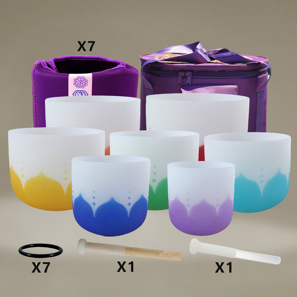 7 - Piece Perfect Pitch Lotus Symbol Crystal Singing Bowl Set – 6" to 12" | 432Hz Chakra Full Set - FMTY