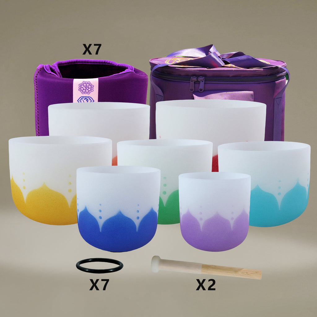 7 - Piece Perfect Pitch Lotus Symbol Crystal Singing Bowl Set – 6" to 12" | 432Hz Chakra Full Set - FMTY