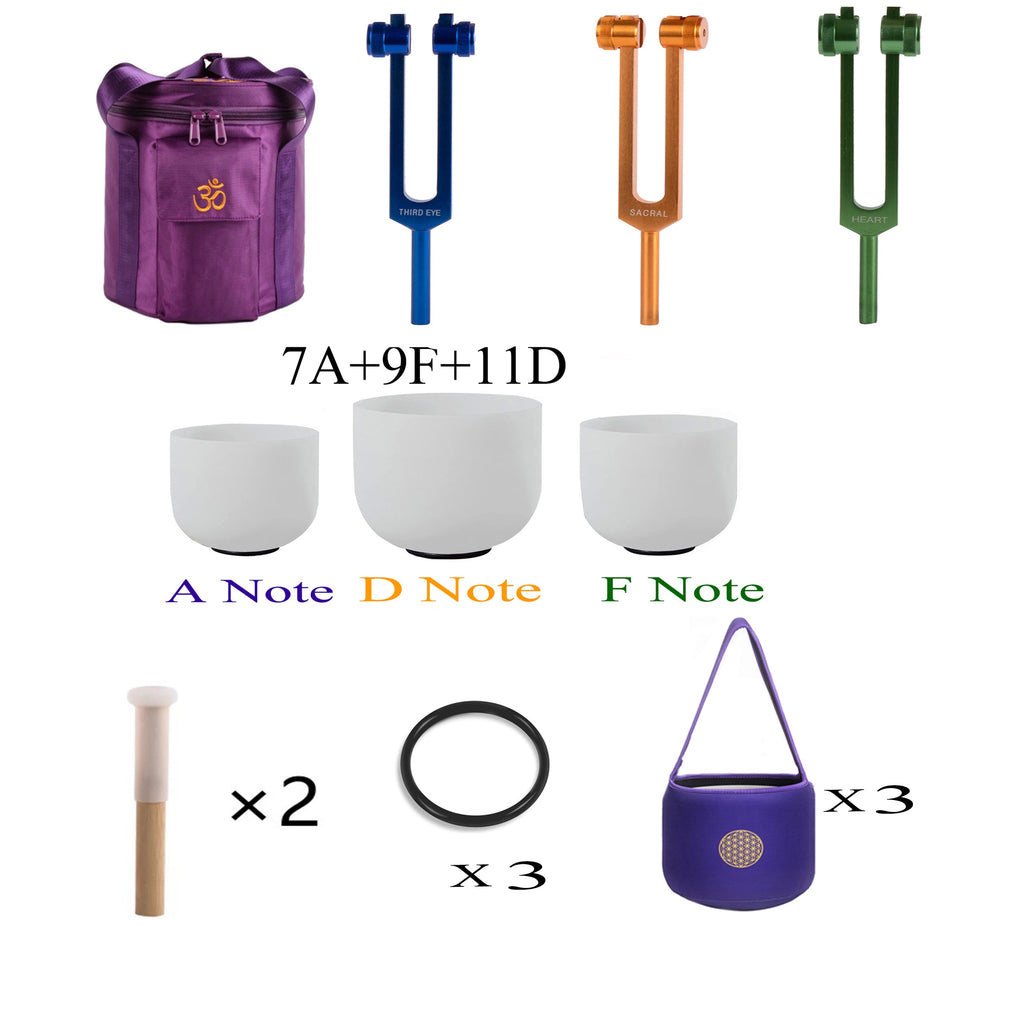 Crystal Singing Bowls Perfect Pitch set 7inch +9inch 11inch +tuning fork set of 7 - FMTY